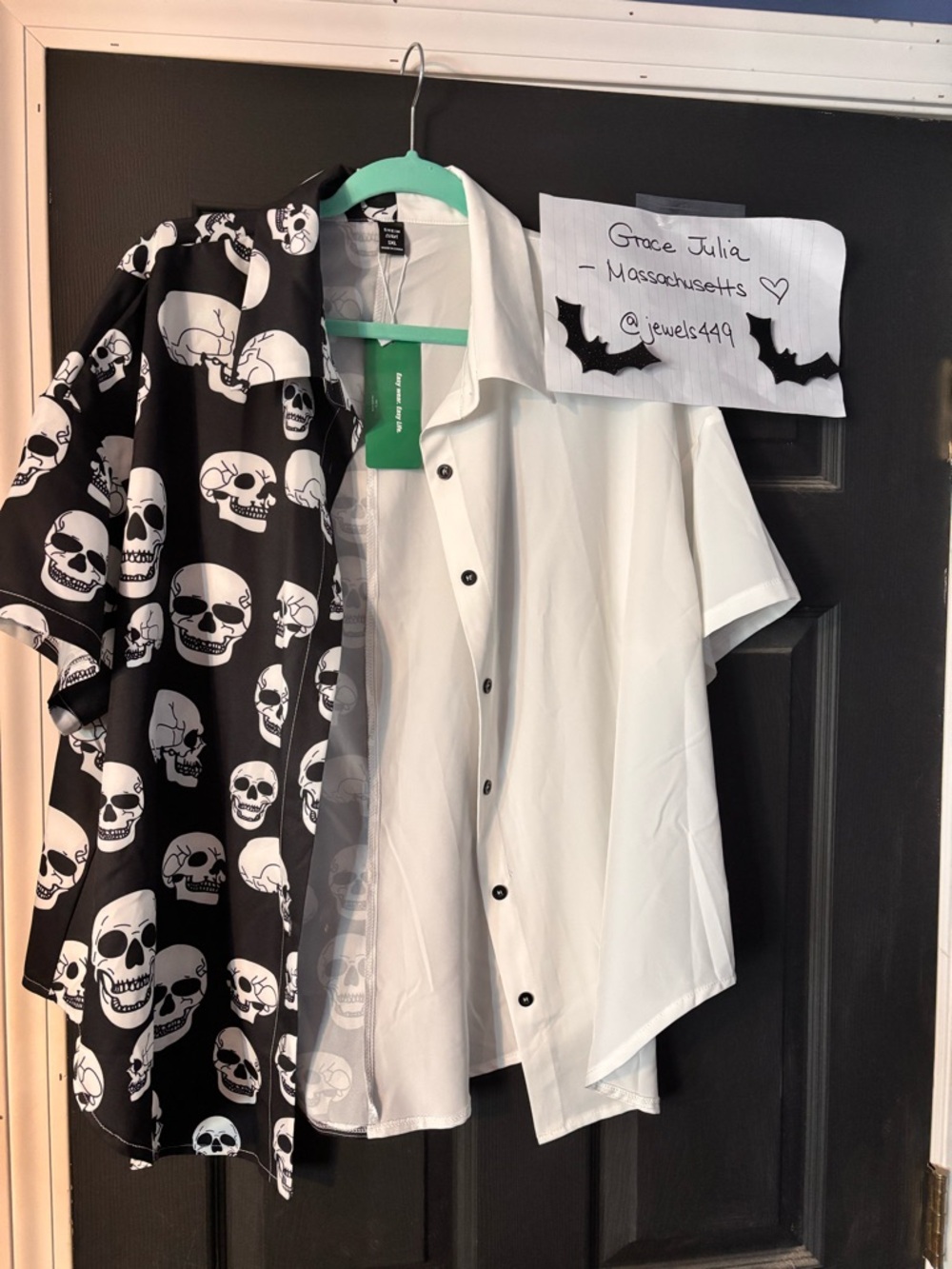 Skull Print Black Button-Up & White Short Sleeve Shirt Duo